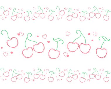 Süslü kirazlar ve beyaz arka planda küçük kalpler. Vektörsüz sınır, ambalaj, ambalaj, ambalaj, satış broşürü, şekerleme ürünleri için sınır bandı, kumaş, tekstil, bant, kurdele ve menü üzerine baskı. Tasarım şablonu