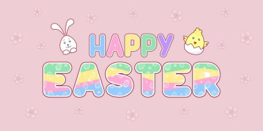 Mutlu Paskalya mektupları, şirin tavuklar ve pembe arka planda küçük çiçekli Paskalya Tavşanı. Paskalya desenli gökkuşağı harfleri. Bayram tebrik kartı, afiş, poster, el ilanı, davetiye ve festival tasarımı için vektör tasarımı şablonu. Bahar tatili