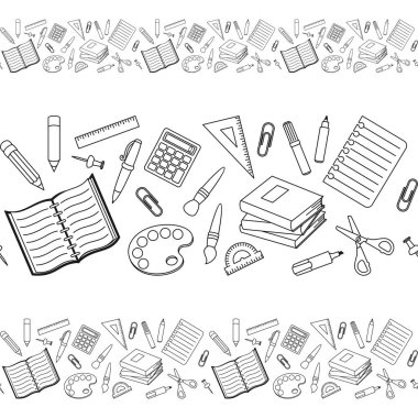 Siyah ve beyaz okul malzemeleri ve beyaz arka planda ofis kırtasiyesi. Kusursuz sınır, afiş, poster, broşür, ofis malzemeleri mağazası ve web sitesi duvar kağıtları için yatay desen. Okula ve eğitim konseptine geri dönmek. Tasarım şablonu