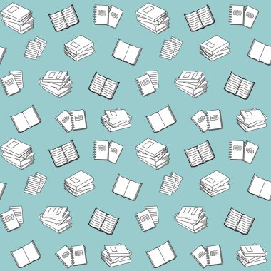 Kitaplar, ders kitabı, defter, ders kitabı, günlük, kılavuz, turkuaz bir arkaplan. Kütüphane, kitapçı, web sitesi duvar kağıdı, ambalaj kağıdı, kumaş ve tekstil üzerine baskı için vektörsüz kalıp. Okul ve eğitim kavramı. Tasarım şablonu