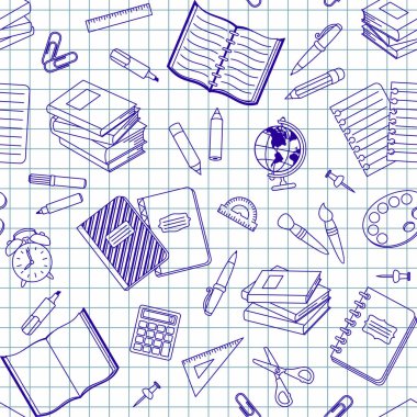 Blue school supplies and office stationary on a notebook sheet in a cell. Vector seamless pattern for banner, poster, office supply store, website wallpaper, wrapping paper, printing on paper and textile. School and education concept. Design template