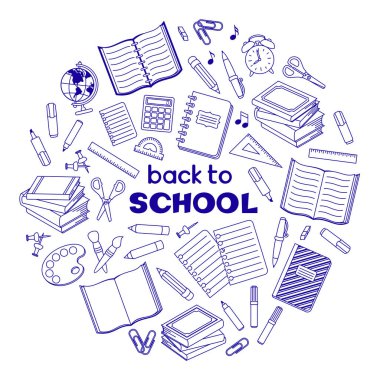 Okuldaki el yazmaları, okul malzemeleri ve ofis kağıtları. Beyaz bir arka planda bir takım mavi eğitim öğeleri. Davetiye, kartpostal, afiş, poster ve el ilanı için vektör tasarımı şablonu. Okul ve eğitim konsepti, Bilgi Günü