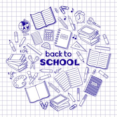 Okul el yazısı, okul gereçleri, ofis etiketleri ve hücredeki defter kağıdında daire içine alınmış yamalar. Davetiye, kartpostal, afiş, poster ve el ilanı için vektör tasarımı şablonu. Okul ve eğitim konsepti, Bilgi Günü