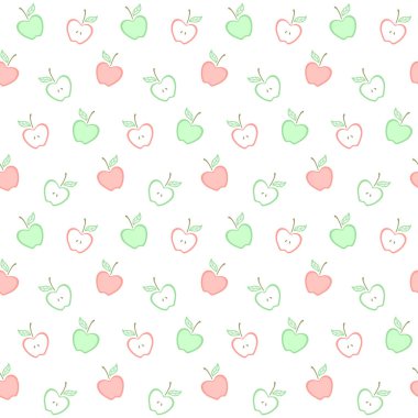 Dekoratif kırmızı ve yeşil elmalar, beyaz arka planda bir yaprak. Meyve. Duvar kağıdı, web sitesi, ambalaj kağıdı, ambalaj, kapak, ülke fuarı, tarım pazarı, gıda mağazası, dükkan, kumaş, tekstil, giysi ve çanta baskısı için vektörsüz desen