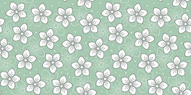 Çiçek ve noktalı yeşil arka planda beş taç yaprağı olan beyaz bahar çiçekleri. Ambalaj kağıdı, ambalaj kağıdı, ambalaj kağıdı, kapak, afiş, kart, web sitesi duvar kağıdı, kumaş, tekstil, giysi ve çanta baskısı için vektörsüz desen. Tasarım şablonu