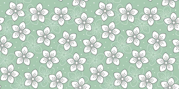 Weiße Frühlingsblumen Mit Fünf Blütenblättern Auf Grünem Hintergrund Mit Blumen — Stockvektor