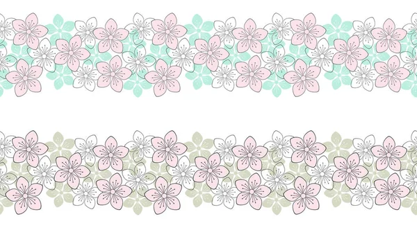 Безшовна Облямівка Весняних Квітів Ятьма Пелюстками Білому Тлі Шаблон Векторного — стоковий вектор
