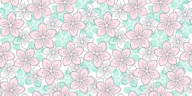 Renkli bahar çiçekleri olan uçsuz bucaksız bir arka plan. Ambalaj kağıdı, ambalaj kağıdı, ambalaj kağıdı, kapak, afiş, tebrik kartı, yüzey dokusu, web sitesi duvar kağıdı, kumaş, tekstil, giysi ve çantalara baskı yapmak için vektörsüz desen. Tasarım şablonu