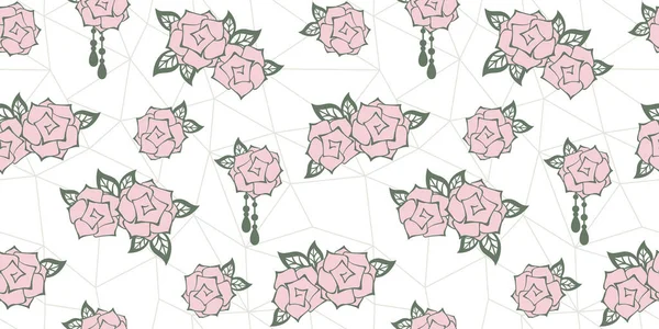 Rose Con Foglie Sfondo Poligonale Geometrico Bianco Texture Floreale Senza — Vettoriale Stock