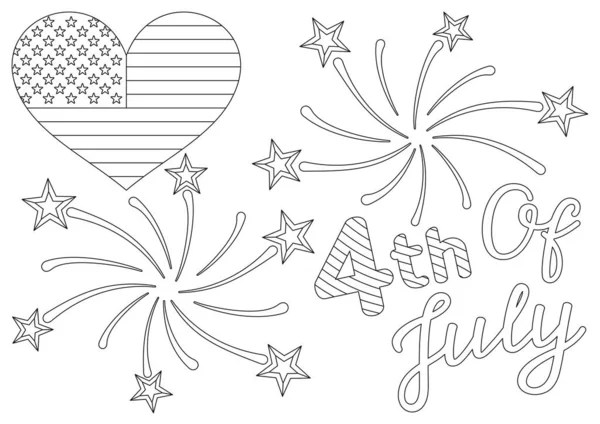 Coloring Page Festive Quote Flag Heart Shape Firework Stars 4Th — Stock Vector