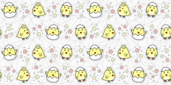 Söt Kyckling Kläcks Från Ett Ägg Och Blommor Grå Geometrisk — Stock vektor