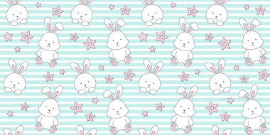 Turkuaz çizgili arka planda sevimli beyaz tavşan ve pembe yıldızlar. Tavşanlı uçsuz bucaksız doku, minik tavşan. Duvar kağıdı, kapak, ambalaj kağıdı, ambalaj kağıdı, ambalaj kağıdı, yüzey dokusu, kıyafet ve çanta baskısı için vektörsüz kalıp. Tasarım şablonu