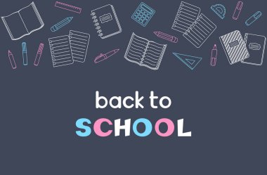 Okulun el yazısı, beyaz, pembe ve mavi okul malzemeleri ve karatahta arka planda ofis gereçleri. Eğitim ürünleri. Davetiye, kartpostal, afiş, poster ya da el ilanı için vektör tasarımı şablonu. Okul ve eğitim konsepti, Bilgi Günü