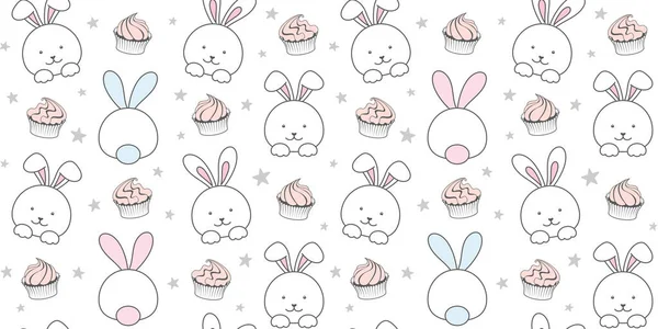 White Rabbit Cupcakes White Background Small Stars Endless Texture Cute — Stock Vector