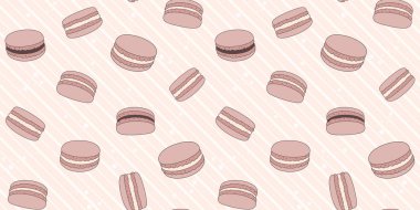 Küçük yıldızlı pembe çizgili arka planda çikolatalı kurabiyeler. Sonsuz dokuma ve Fransız tatlıları. Pastane, şekerci dükkanı, pastane, şekerci, ambalaj kağıdı, ambalaj kağıdı, ambalaj kağıdı, yüzey dokusu ve baskı için vektörsüz desen