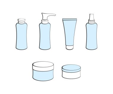 Beyaz arka planda izole edilmiş şişe, sprey, şeker kutusu, tüp ve kavanozlar. Kozmetik pazarı, güzellik salonu, cilt bakım ürünleri, kişisel hijyen ürünleri, vücut bakımı, rozet, etiket, simge, amblem, tabela için vektör seti. Tasarım şablonu