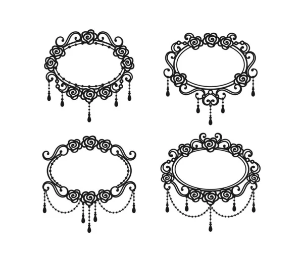 Schwarz Weiße Vintage Rahmen Mit Rosen Und Perlen Auf Weißem — Stockvektor