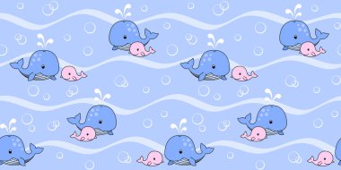 Mavi anne balina ve pembe bebek balina mavi bir arka planda kabarcıklarla yüzerler. Sevimli balinaların uçsuz bucaksız dokusu. Duvar kağıdı, kapak, ambalaj kağıdı, ambalaj kağıdı, ambalaj kağıdı, yüzey dokusu, giysi ya da çanta üzerine baskı için vektörsüz desen
