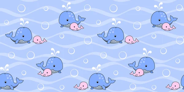 Balena Madre Blu Balena Bambino Rosa Uno Sfondo Blu Con — Vettoriale Stock