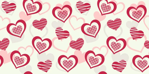 パステルの心を背景に赤い縞模様の心 包装紙 ギフトラップ ラッパー 表面の質感 衣類やバッグ上の印刷のためのベクトルシームレスパターン バレンタインデーと結婚式のためのデザインテンプレート — ストックベクタ