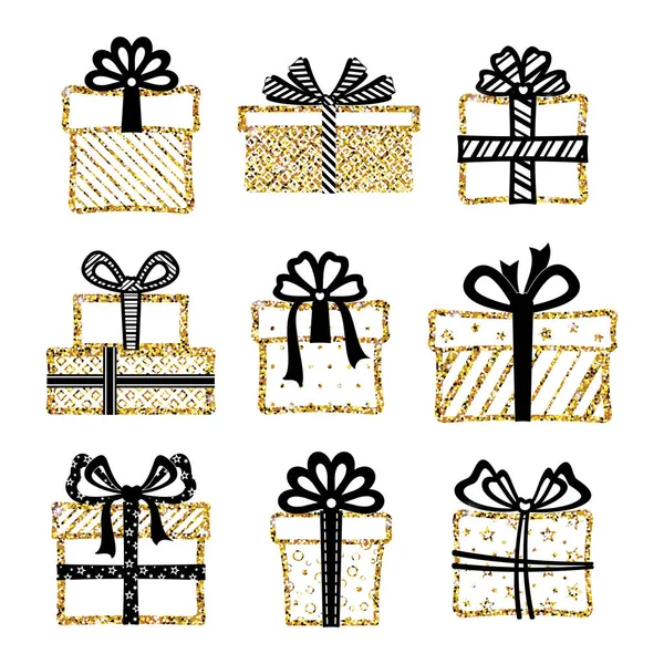 Golden Glitter Boxes Black Ribbons Bows Isolated White Background Gift — Stock Vector