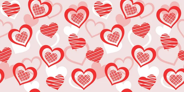 Ljusröda Randiga Hjärtan Blekrosa Bakgrund Med Hjärtan Vektor Sömlöst Mönster — Stock vektor
