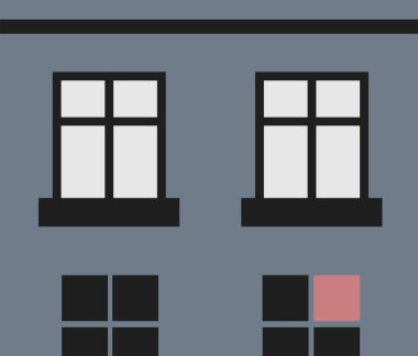 Iki parlayan pencereli bir evin minimalist illüstrasyonu. Ortak evin, güvenliğin ve aidiyetin sembolü. İstikrar ve sıcaklık olarak gösterilen aşk.