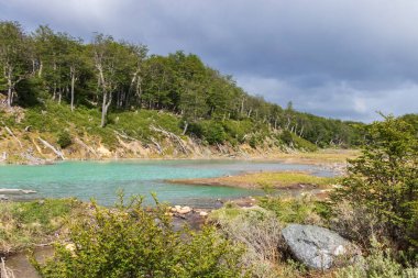 Arjantin 'in Ushuaia yakınlarındaki Patagonya ormanındaki Turquiose göleti. Tepedeki ağaçlık arka planda, karanlık bulutlu gökyüzü.