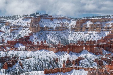 Utah 'taki Bryce Canyon Ulusal Parkı' nda yüksek çam ağaçları ve karla kaplı engebeli dağ sırtı ve taş hudu oluşumları. Bulutlu mavi gökyüzü.