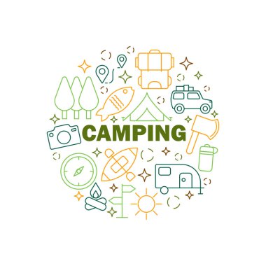 Kamp Simgeleri Çember Şekli Arkaplan Vektörü Tasarımı.