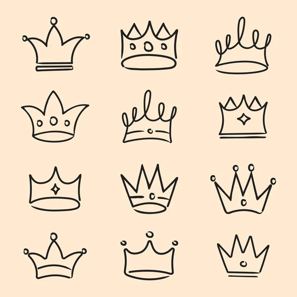 El Çizimi Taç Simgesi Set Vektör Tasarımı.