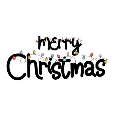 Noel Işıkları Vektör Tasarımı ile El Çizimi Mutlu Noeller Metni.