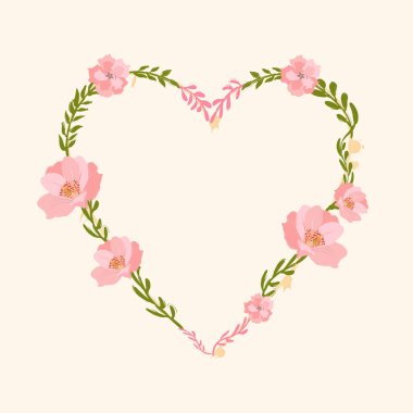 Kalp Şekli Çerçeve Kenar Arkaplan Vektör Tasarımı ile Boya Fırçası Çiçekleri. 