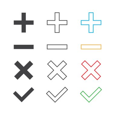 Artı - Mark Simgesi Set Vektör Tasarımı Eksi ve Kontrol Et.