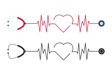 Stetoskop ve Kalp Atışı Simgesi Vektör Tasarımı.