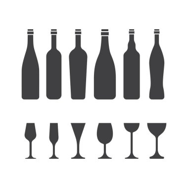 Şarap kadehleri ve Şarap Şişe Simgesi Vektör Tasarımı.