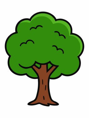 Kahverengi gövdeli ve kalın yapraklı yeşil bir ağacın basit ve renkli bir çizimi..