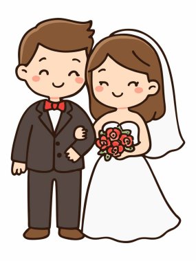 Gelin ve damadın şirin çizimleri.