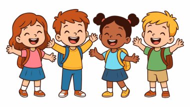 Okula giden neşeli çocukların çizgi filmi.