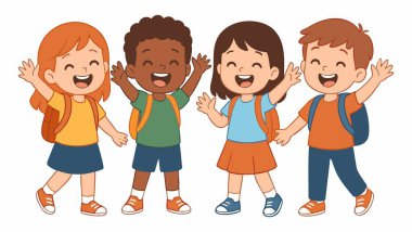 Okula giden neşeli çocukların çizgi filmi.