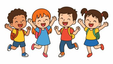 Okula giden neşeli çocukların çizgi filmi.