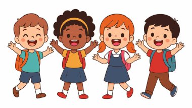 Okula giden neşeli çocukların çizgi filmi.