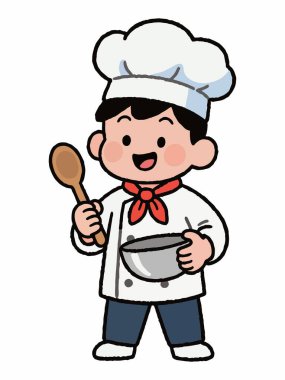 Çizgi film çizimi, şef üniforması giyen şirin bir çocuk..