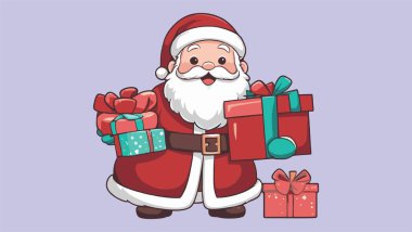 Noel Baba 'nın hediyelerini tuttuğu ve büyük bir hediye kutusunun yanında durduğu neşeli bir karikatür çizimi..