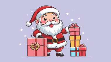 Noel Baba 'nın hediyelerini tuttuğu ve büyük bir hediye kutusunun yanında durduğu neşeli bir karikatür çizimi..