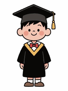 Siyah bir mezuniyet elbisesi, kepi ve sarı kuşağı olan gülümseyen bir çocuğun sevimli çizgi film çizimi..