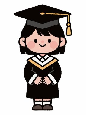 Mavi bir mezuniyet elbisesi, kepi ve açık mavi kuşak giyen gülümseyen bir kızın neşeli çizgi film çizimi..