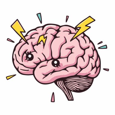 Enerji, yaratıcılık ve güçlü düşünceyi sembolize eden yıldırımlarla insan beyninin renkli çizgi film tarzı bir çizimi..