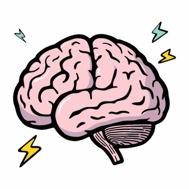 Enerji, yaratıcılık ve güçlü düşünceyi sembolize eden yıldırımlarla insan beyninin renkli çizgi film tarzı bir çizimi..