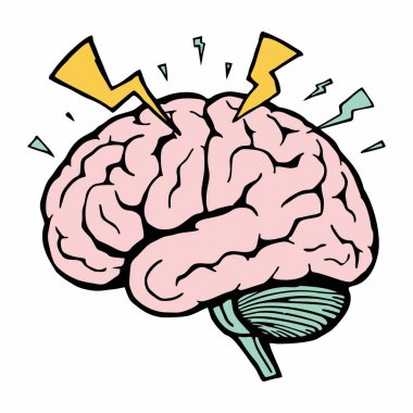 Enerji, yaratıcılık ve güçlü düşünceyi sembolize eden yıldırımlarla insan beyninin renkli çizgi film tarzı bir çizimi..